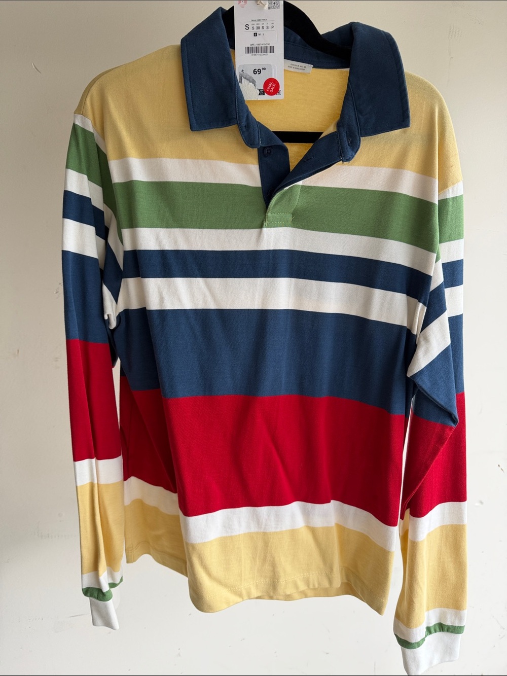 Zara Men's Long-Sleeve Striped Polo - Navy, Red, Yellow, Green, White